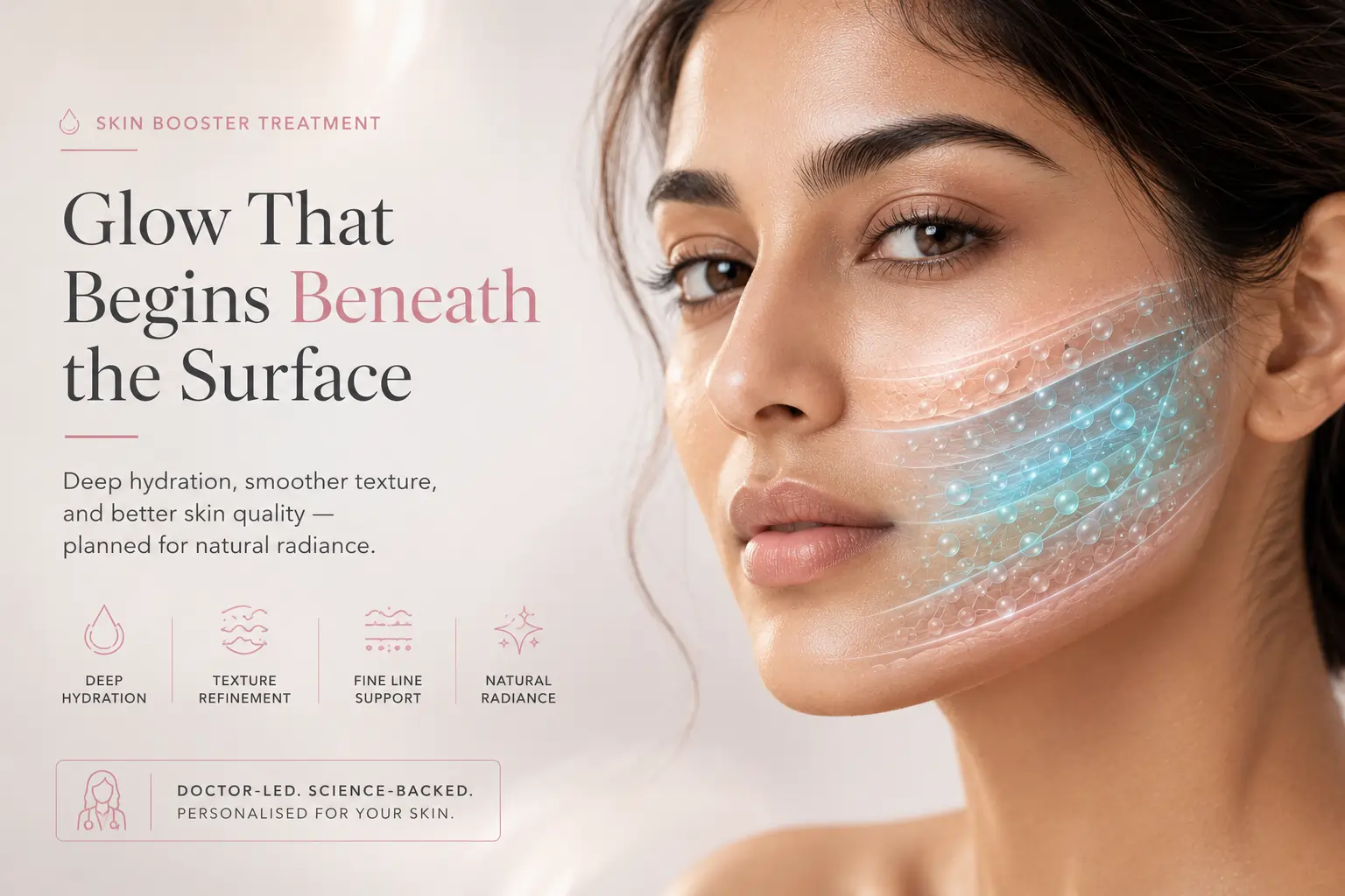 Skin Booster treatment visual showing deep hydration, smoother texture, fine line support, and natural radiance with a doctor-led personalised skin quality approach