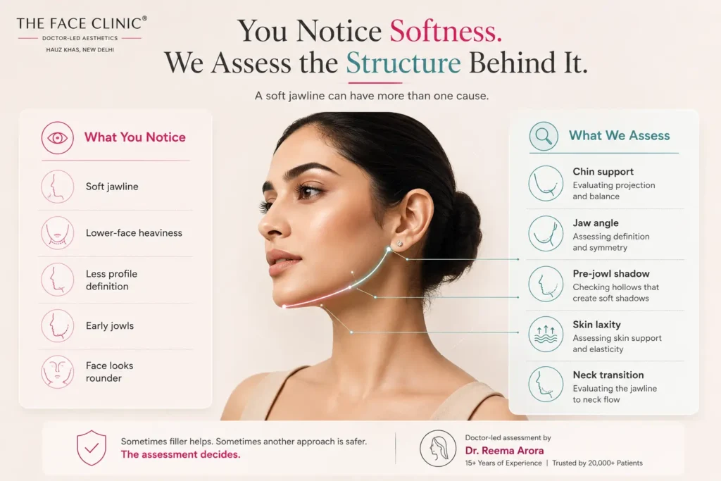 Doctor-led jawline fillers assessment visual showing what patients notice as a soft jawline and what Dr. Reema Arora assesses, including chin support, jaw angle, pre-jowl shadow, skin laxity and neck transition at The Face Clinic, New Delhi.