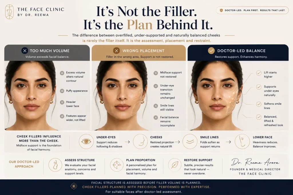 Cheek Fillers 2 Cheek fillers treatment in Delhi comparison showing too much volume, wrong placement and doctor-led balanced cheek filler planning for natural midface support at The Face Clinic