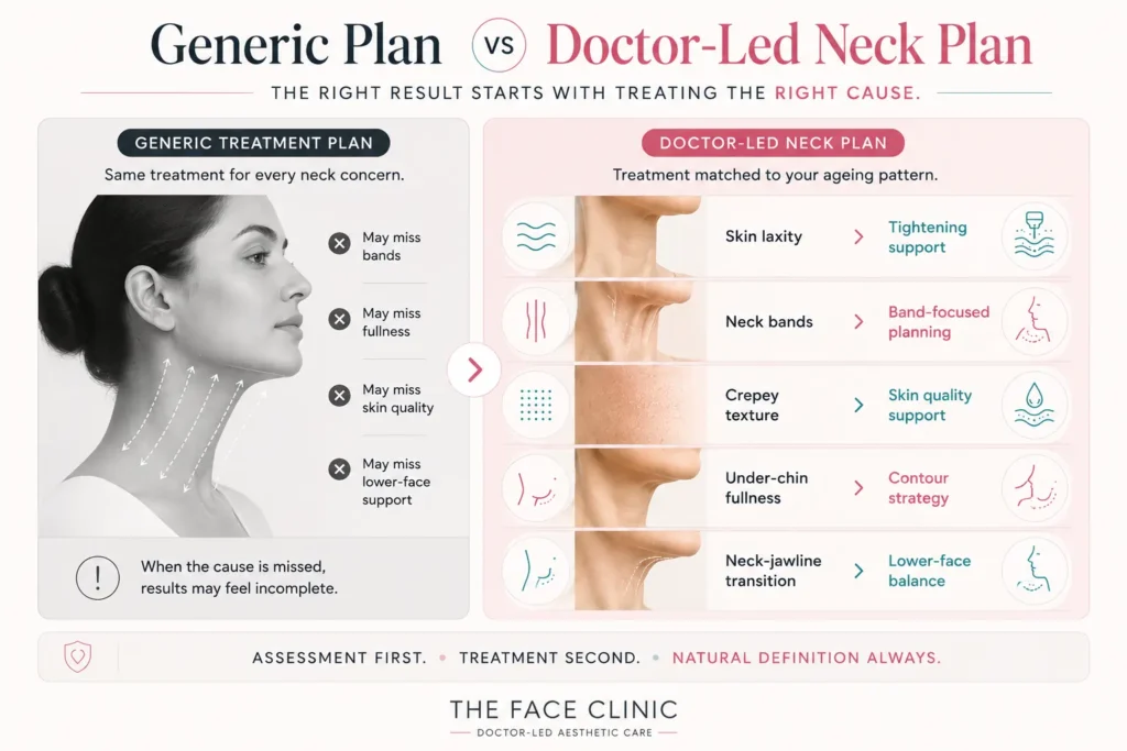 Comparison visual showing a generic neck lift plan versus a doctor-led neck lift plan, explaining how skin laxity, neck bands, crepey texture, under-chin fullness and neck-jawline transition require different treatment strategies at The Face Clinic in South Delhi.