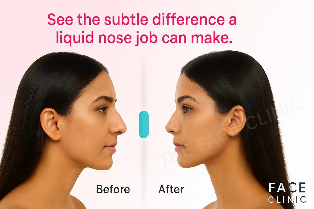 Before and after non-surgical rhinoplasty Delhi – dorsal hump correction and tip lift | The Face Clinic