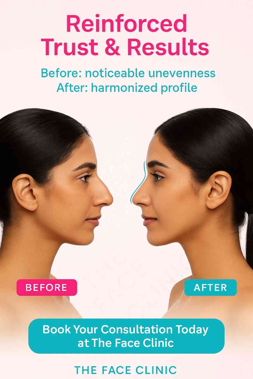 Before and after filler nose job in Delhi – non-surgical rhinoplasty for asymmetry correction | Liquid nose job results | The Face Clinic