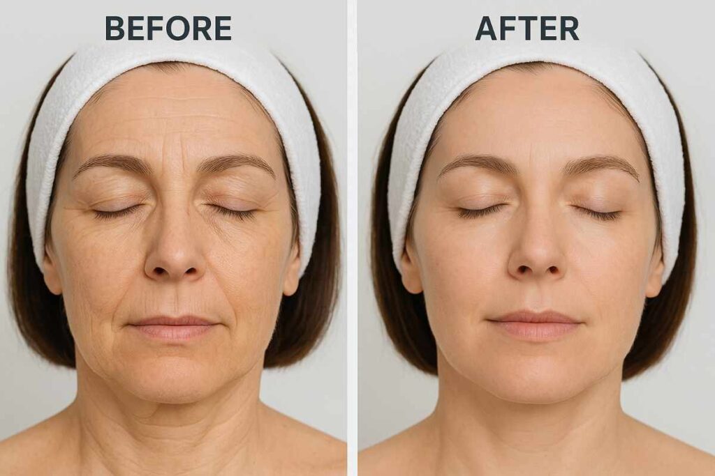 Before and after skin rejuvenation results by Dr. Reema Arora at The Face Clinic.