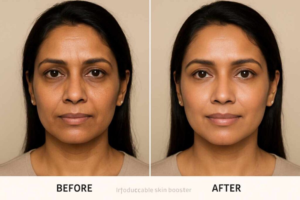 Beautiful Indian woman with smooth complexion after skin booster treatment in South Delhi.