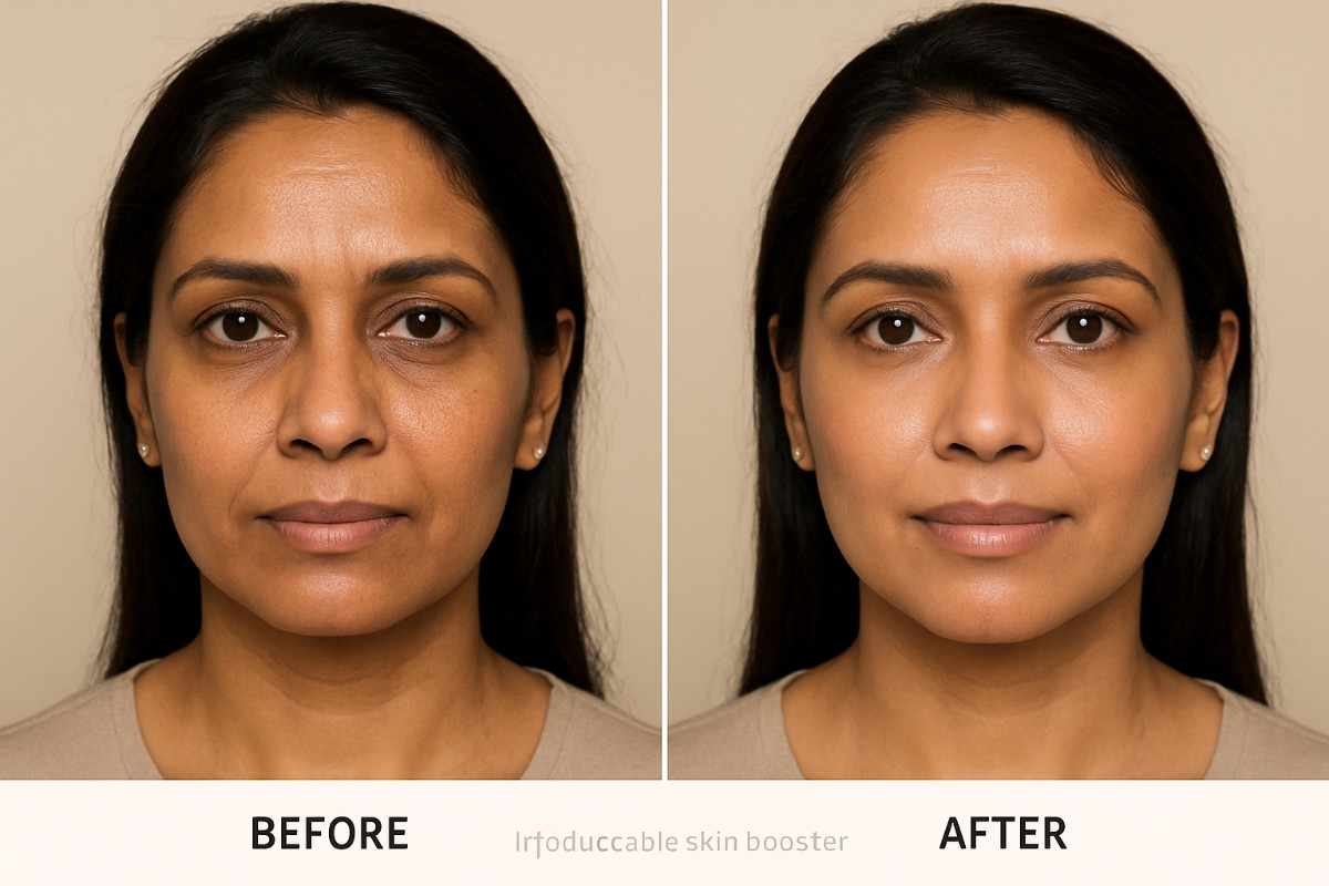 Beautiful Indian woman with smooth complexion after skin booster treatment in South Delhi.