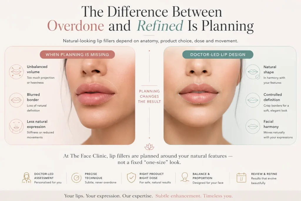 Lip Fillers 2 Comparison visual showing overdone versus refined lip fillers, explaining how doctor-led lip filler planning at The Face Clinic focuses on natural shape, controlled definition, facial harmony and balanced results.