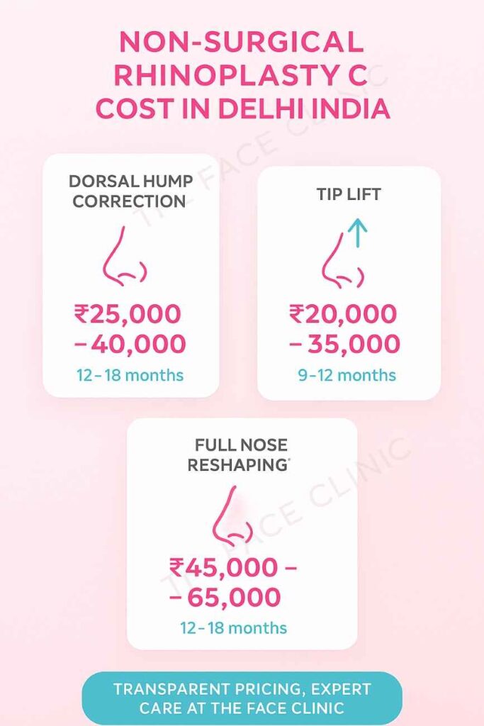 Non-surgical rhinoplasty cost in Delhi India – liquid nose job pricing infographic for dorsal hump correction, tip lift, and full reshaping | The Face Clinic