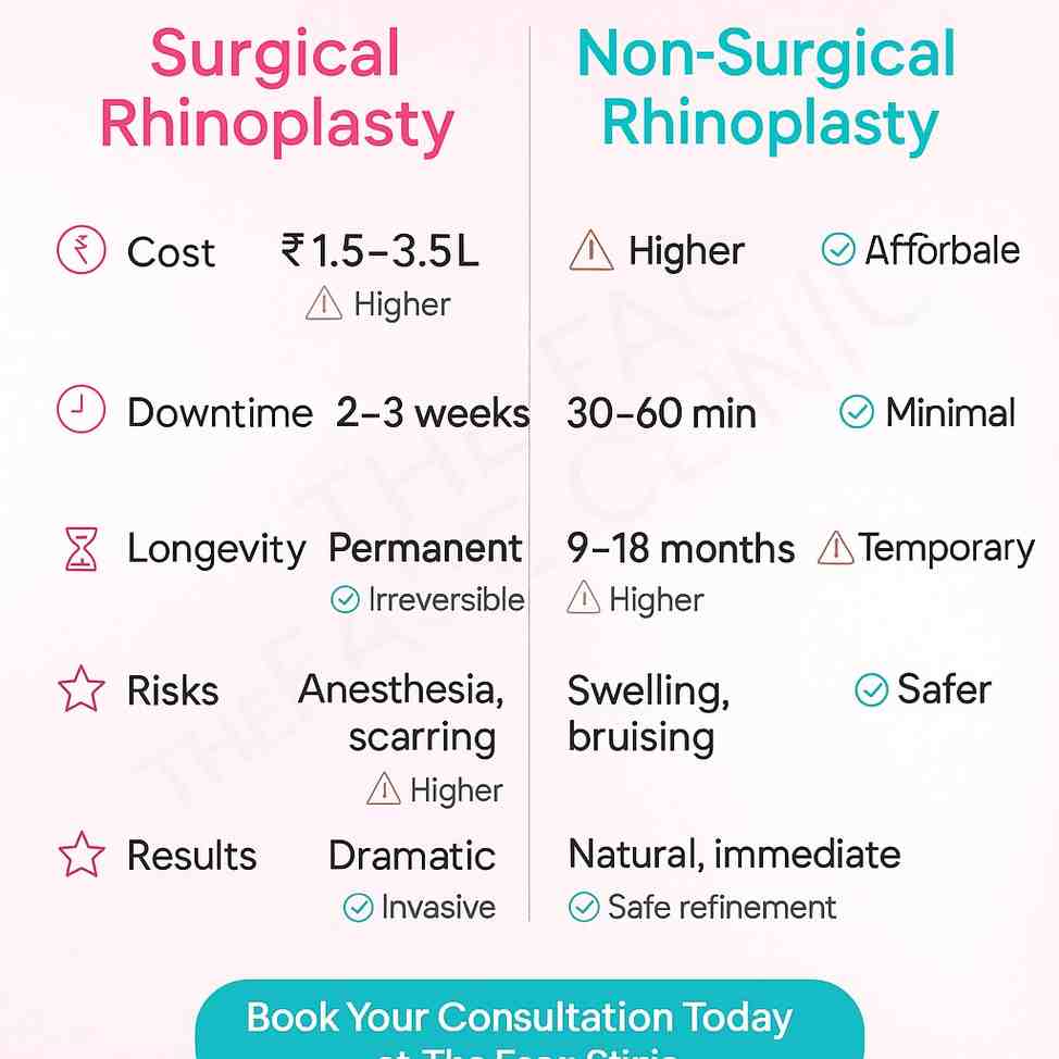 Surgical vs non-surgical rhinoplasty comparison chart Delhi India – liquid nose job cost, downtime, longevity, risks, results | The Face Clinic