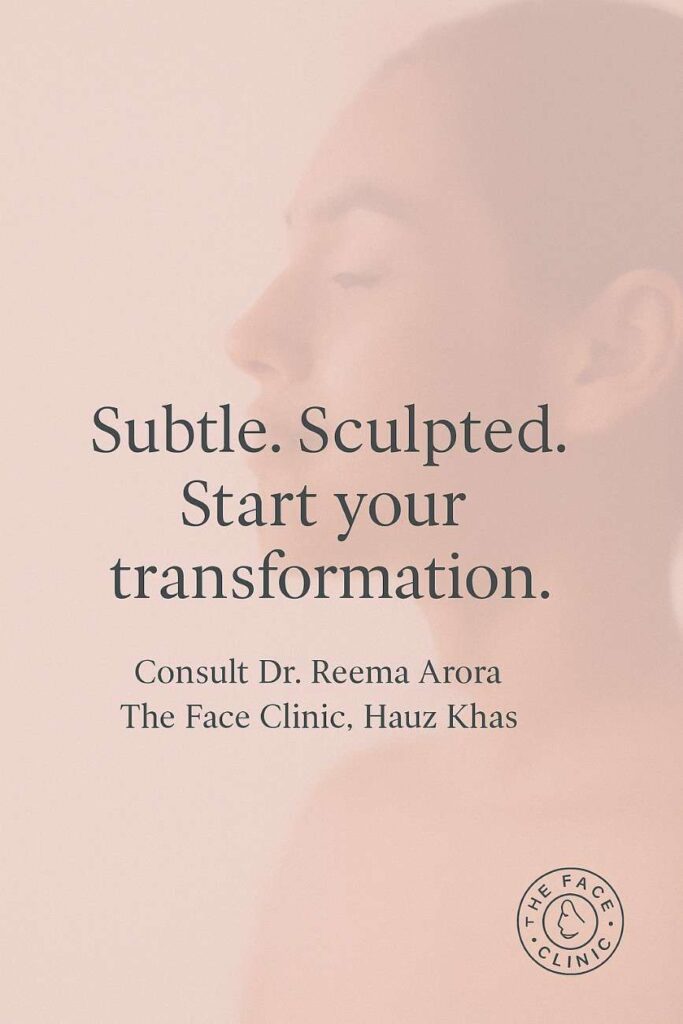 Elegant campaign visual for Skinvive glow transformation – tagline reads 'Subtle. Sculpted. Start your transformation.' with Dr. Reema Arora and The Face Clinic branding