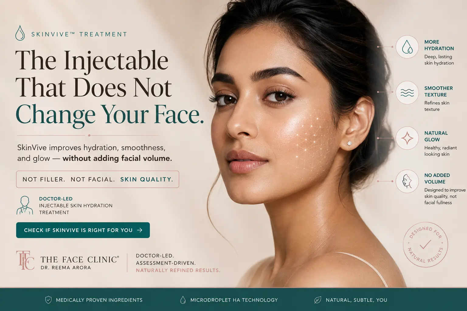SkinVive treatment hero visual showing an Indian woman with hydrated, glowing skin, highlighting smoother texture, natural glow, no added volume, and doctor-led injectable skin hydration at The Face Clinic.