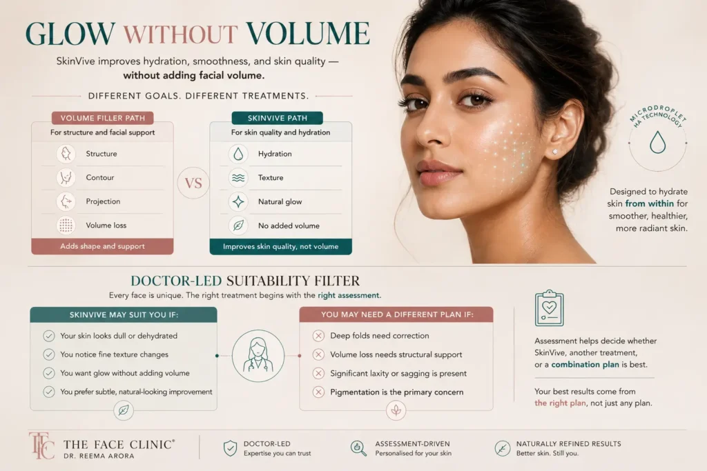 SkinVive treatment visual comparing the volume filler path with the SkinVive path, showing hydration, smoother texture, natural glow, no added volume, and a doctor-led suitability filter at The Face Clinic.