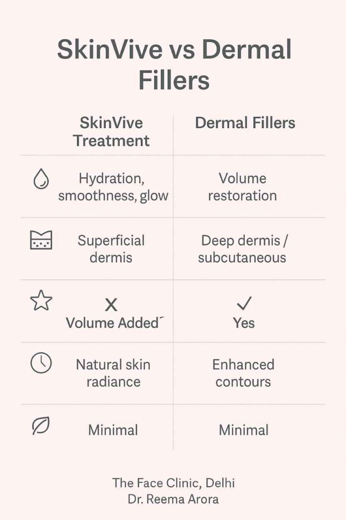 SkinVive treatment vs fillers – visual chart showing hydration without volume vs contour enhancement