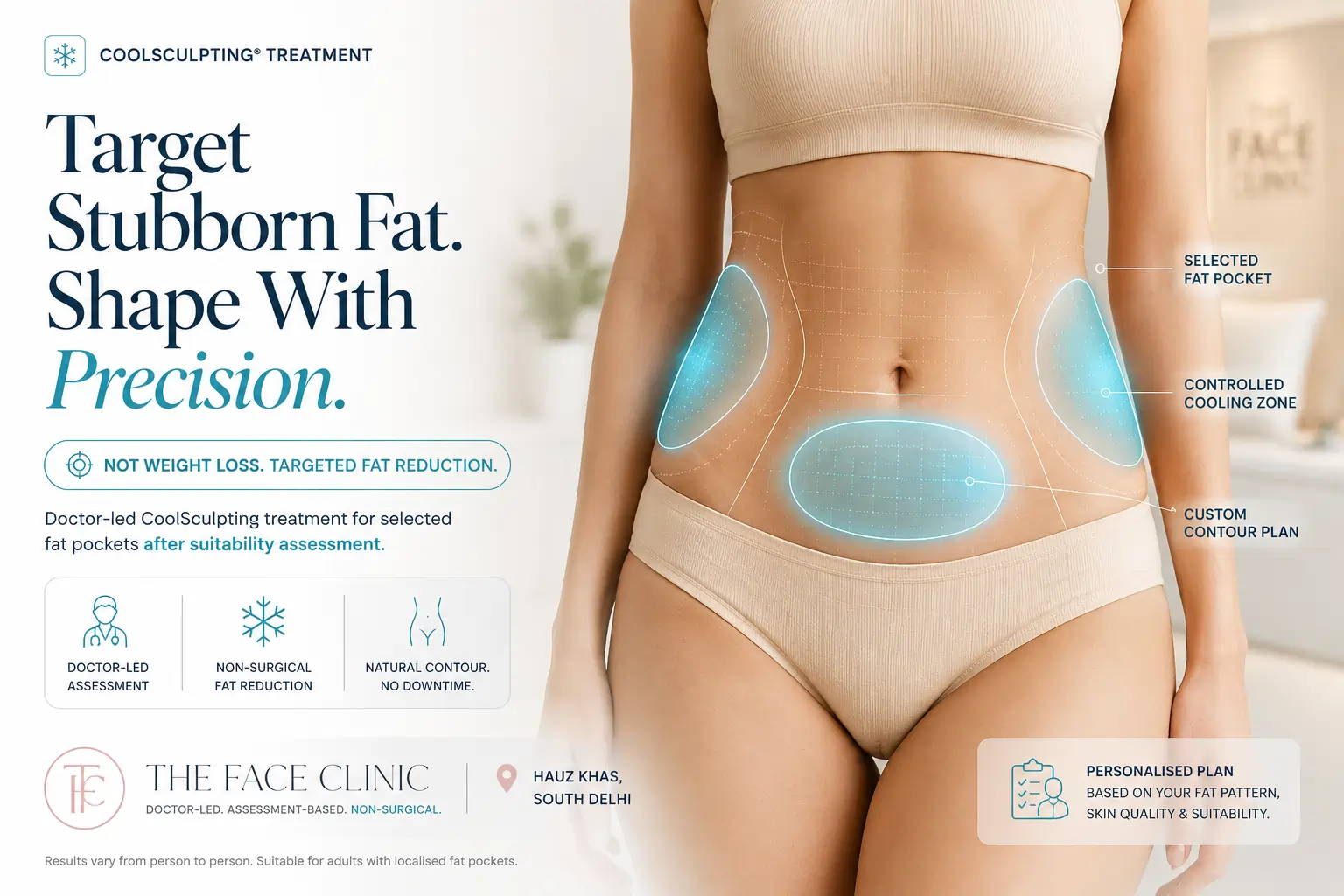 CoolSculpting 1 CoolSculpting treatment visual showing targeted fat reduction zones on the abdomen and flanks with controlled cooling, doctor-led assessment, and custom contour planning at The Face Clinic, Hauz Khas, South Delhi.