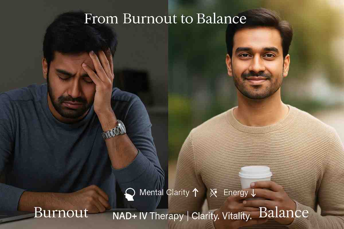NAD+ IV therapy in Delhi showing burnout to balance transformation with improved mental clarity and energy support under medical supervision