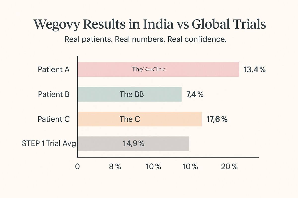 Infographic comparing STEP 1 trial data with The Face Clinic’s Wegovy results in India, showing comparable or better outcomes