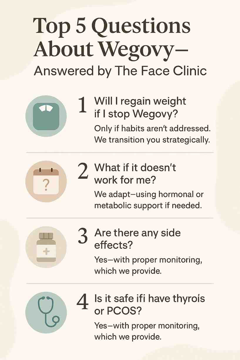 Informational graphic listing frequently asked questions about Wegovy weight loss injections, cost, and side effects in India
