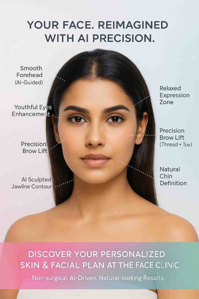 AI-powered facial mapping for aesthetic treatments at The Face Clinic, Delhi — Indian woman with glowing skin shown with smart zone indicators for forehead lines, brow lift, under-eye rejuvenation, jawline contouring, and chin enhancement using non-surgical injectables and advanced aesthetic procedures.
