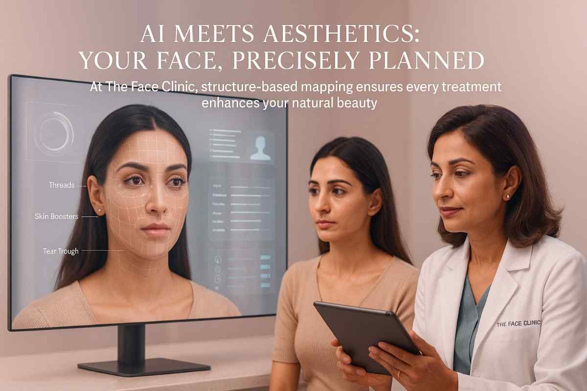 Augmented reality simulation of non-surgical facial aesthetics, showing AI-based aesthetic planning at The Face Clinic in Delhi for custom injectables treatment
