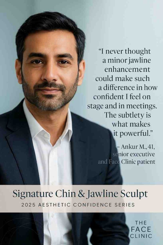 Before-and-after of male patient receiving Masseter Botox and jawline fillers at top cosmetic injectables center in India, reflecting 2025 trends in Brotox