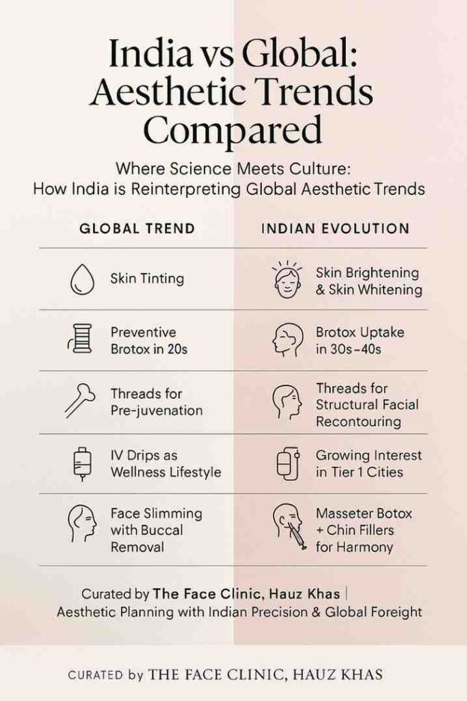 Comparison infographic of global vs. Indian evolution in medical aesthetics from Brotox and threads to skin whitening and facial restructuring
