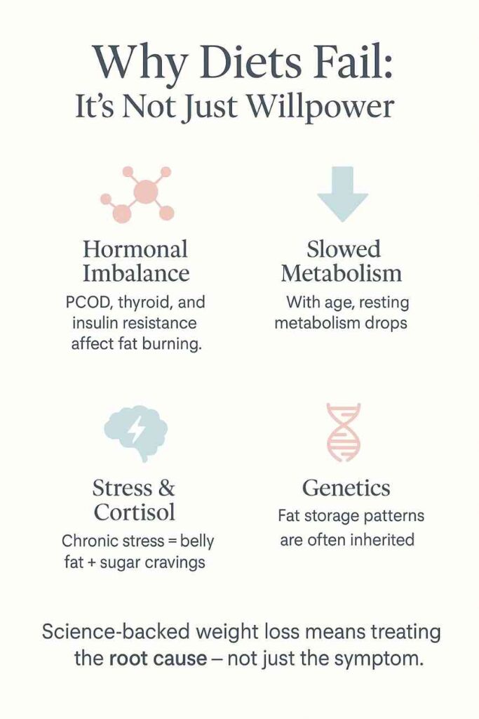 Infographic: Why Most Diets Fail & How Doctor-Led Weight Loss Treatments Overcome Hormonal & Metabolic Barriers – Backed by Science at The Face Clinic, the Best Weight Loss Clinic in Delhi.