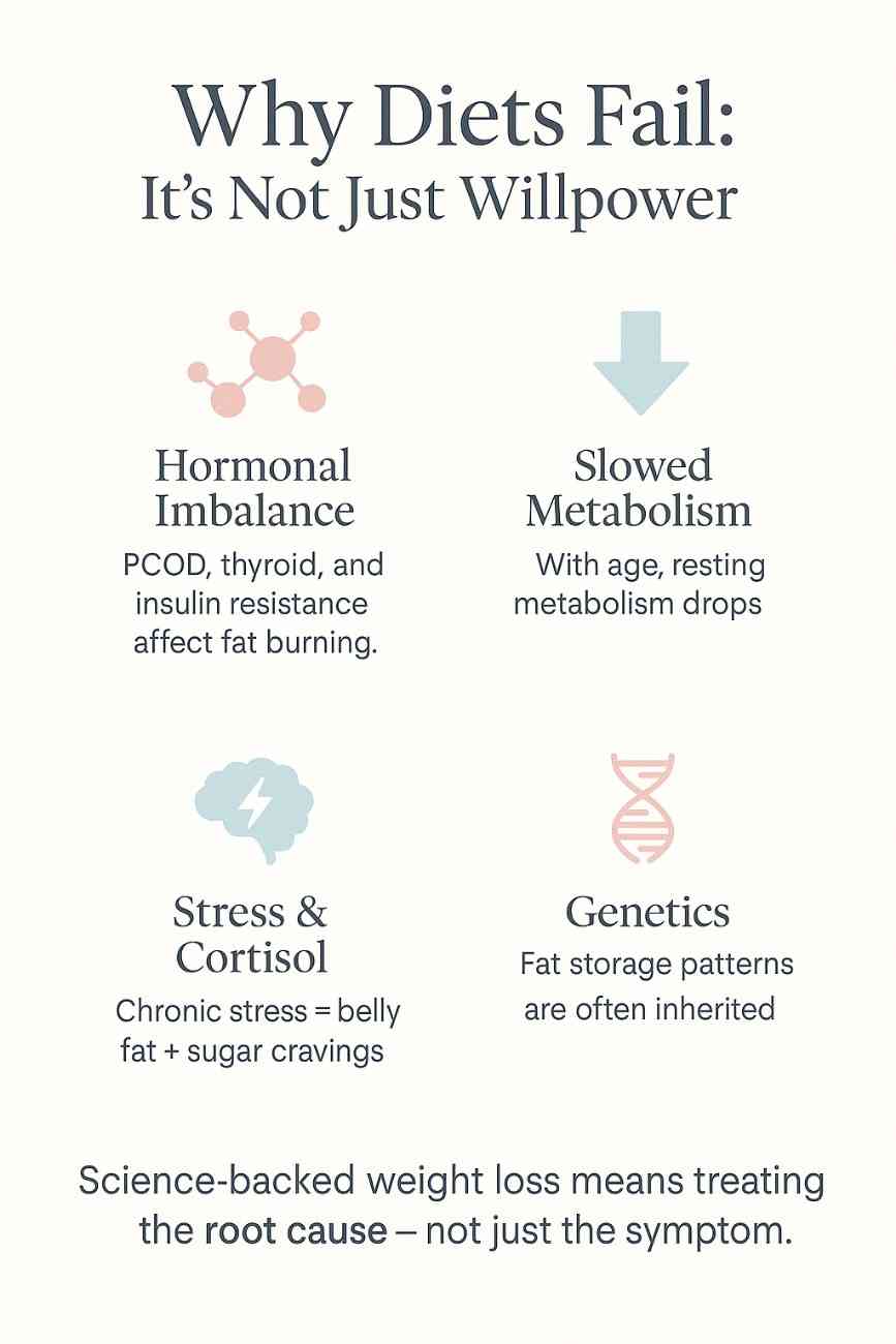 Infographic explaining why diets fail and how  weight loss treatment procedures overcome hormonal and metabolic barriers