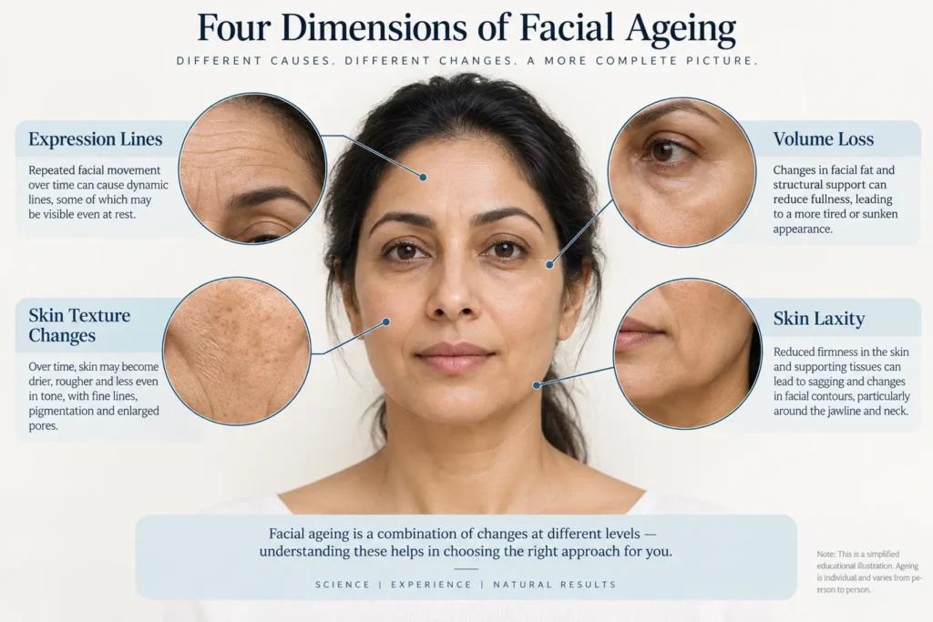 Educational illustration of facial ageing mechanisms including expression lines, skin texture changes, volume loss and skin laxity.