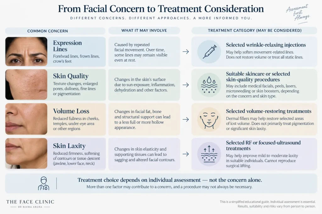 Facial anti-aging treatment framework comparing expression lines, skin quality, volume loss and skin laxity.