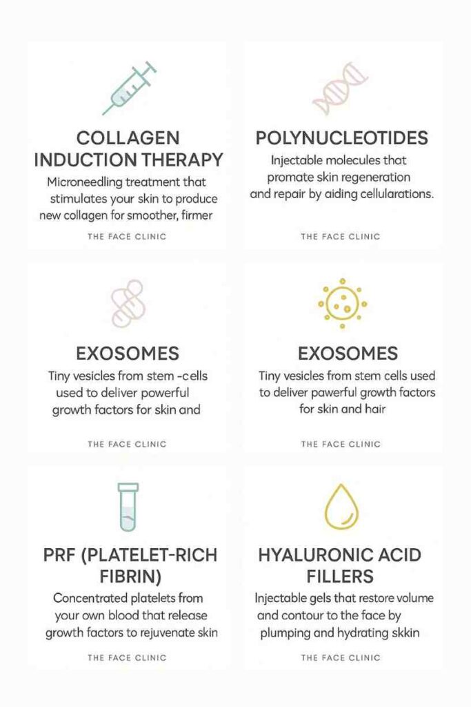Glossary of anti-aging treatments in Delhi, India – Collagen Induction Therapy, Polynucleotides, Exosomes, PRF, Botox, and Hyaluronic Acid Fillers – explained with icons and definitions by The Face Clinic.