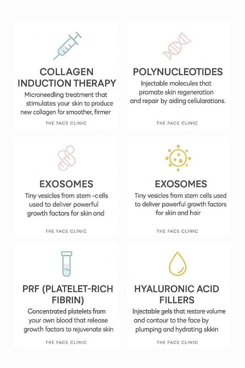 Glossary of anti-aging treatments in Delhi, India – Collagen Induction Therapy, Polynucleotides, Exosomes, PRF, Botox, and Hyaluronic Acid Fillers – explained with icons and definitions by The Face Clinic.