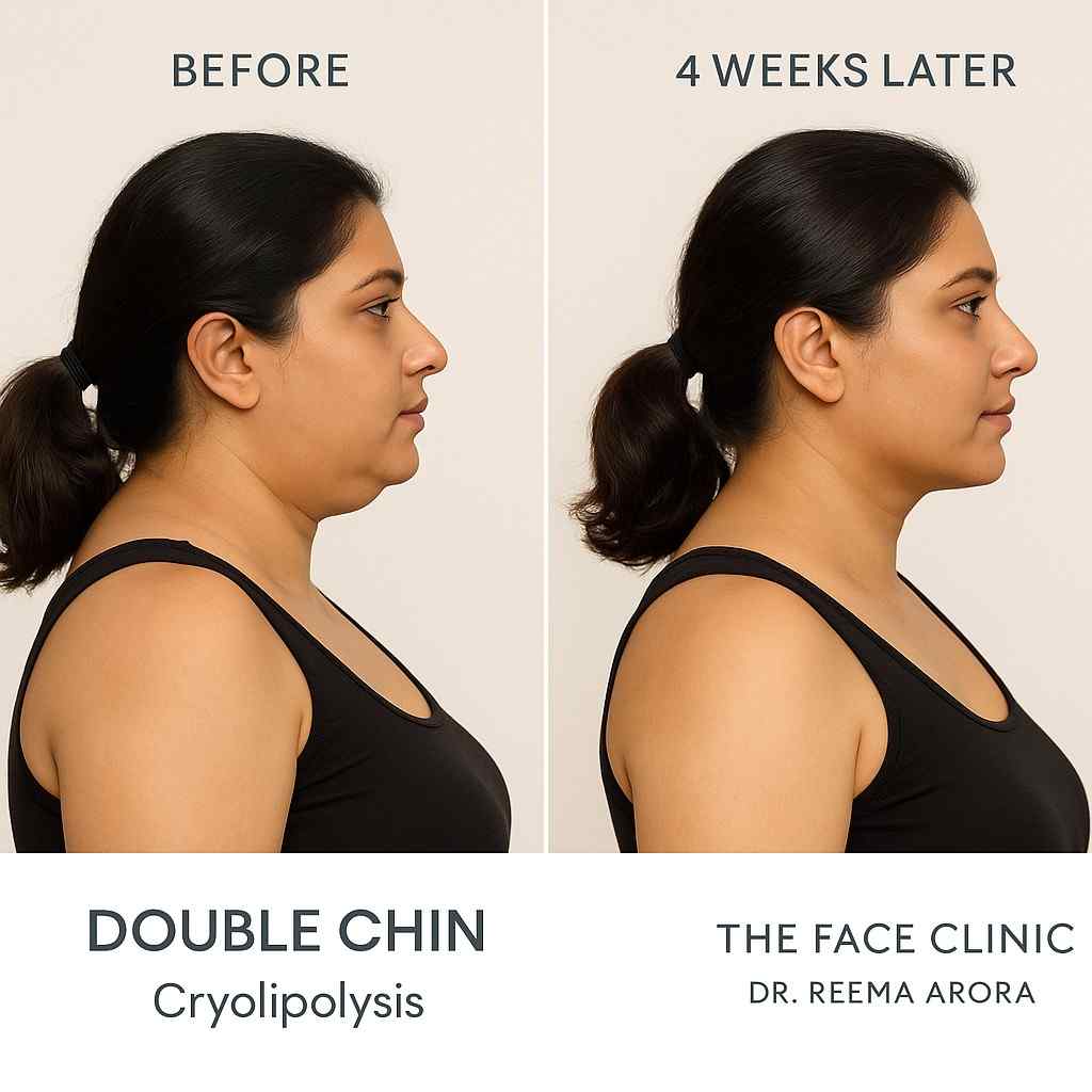 Cryolipolysis double chin fat freezing result – non-surgical contouring at The Face Clinic, South Delhi, India