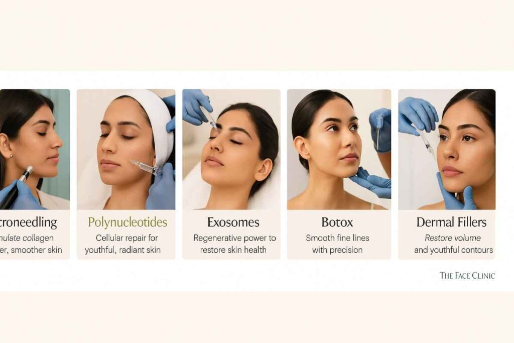 Non-surgical anti-aging treatment carousel showcasing Microneedling, Polynucleotides, PRF, Exosomes, Botox, and Dermal Fillers at The Face Clinic in Delhi, India.