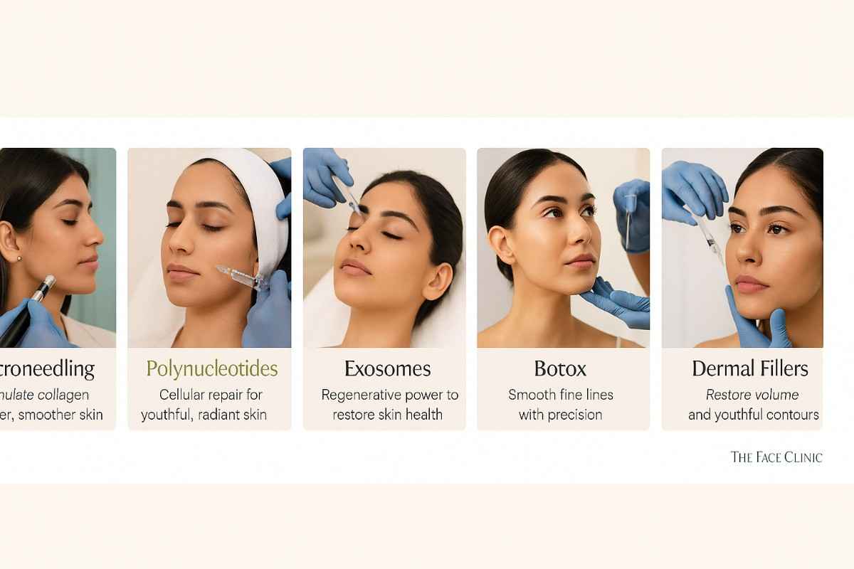 Non-surgical anti-aging treatment carousel showcasing Microneedling, Polynucleotides, PRF, Exosomes, Botox, and Dermal Fillers at The Face Clinic in Delhi, India.