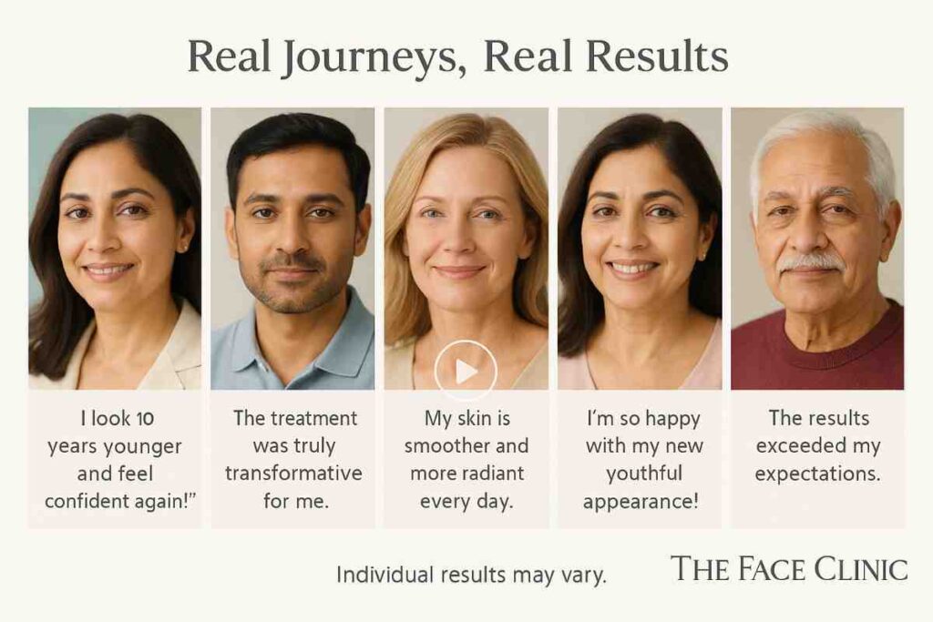 Real patient testimonials and success stories after non-surgical anti-aging treatments at The Face Clinic in South Delhi, India — authentic results with emotional impact.