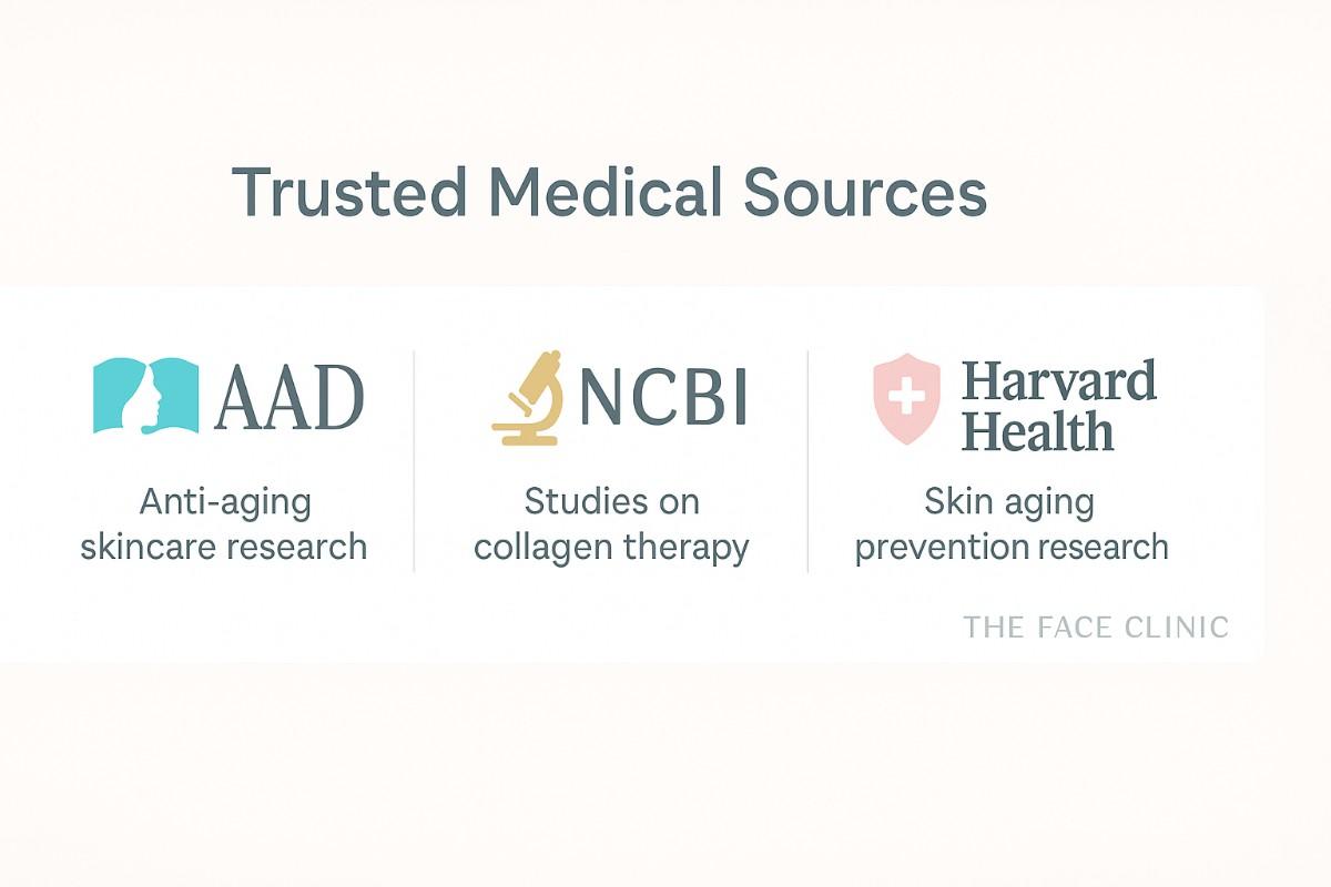Trusted medical sources for anti-aging treatments in Delhi – American Academy of Dermatology, NCBI collagen therapy studies, and Harvard Health research – The Face Clinic.