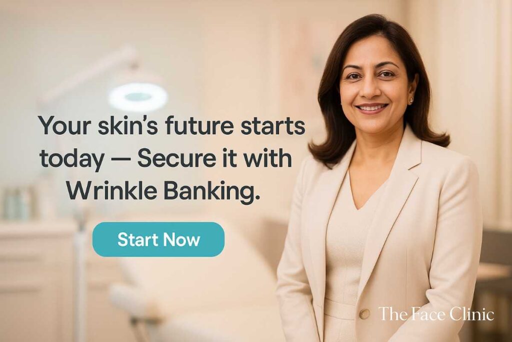 Anti-aging wrinkle banking consultation in South Delhi by Dr. Reema Arora – closing full-width call-to-action for booking at The Face Clinic.