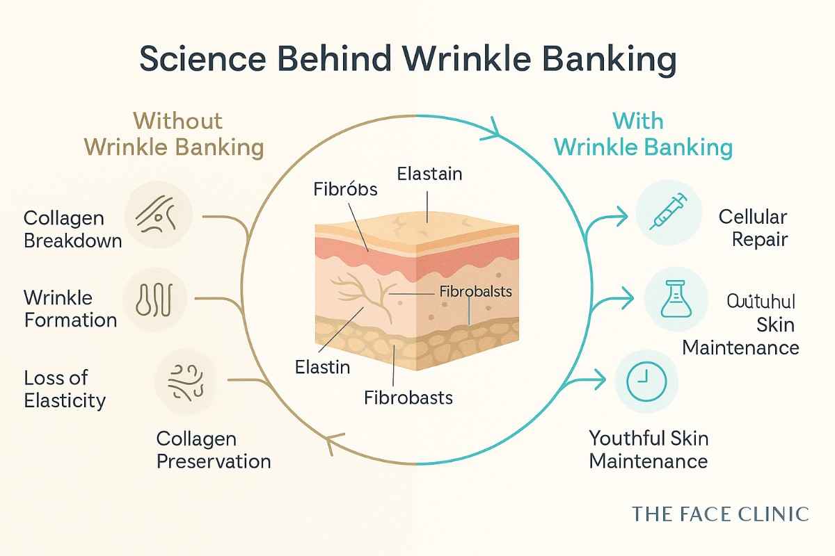 Scientific diagram illustrating wrinkle banking’s role in collagen preservation and anti-aging skin care at The Face Clinic in Delhi, India.