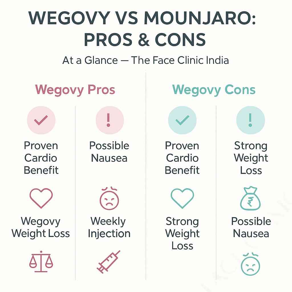 Wegovy vs Mounjaro Pros and Cons infographic – four-column comparison showing benefits like cardio health and weight loss versus cons such as nausea, cost, and weekly injection – The Face Clinic India