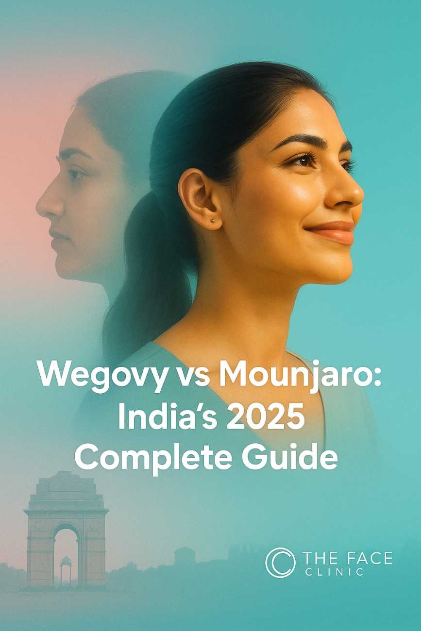 Indian patient before and after glow-up transformation with Delhi landmark background – Wegovy vs Mounjaro India 2025 Complete Guide by The Face Clinic