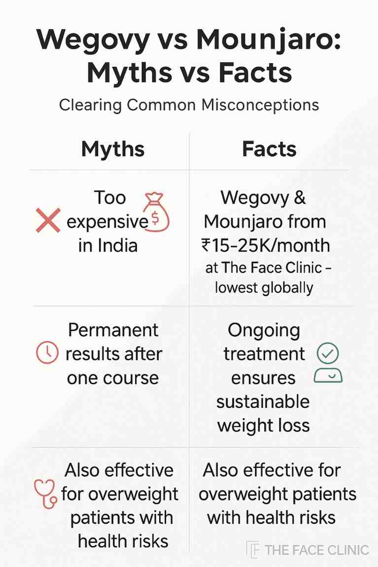 Wegovy vs Mounjaro Myths vs Facts infographic – debunking misconceptions on treatment cost in India (₹15–25K/month, lowest globally), permanence of results, and patient eligibility – The Face Clinic India