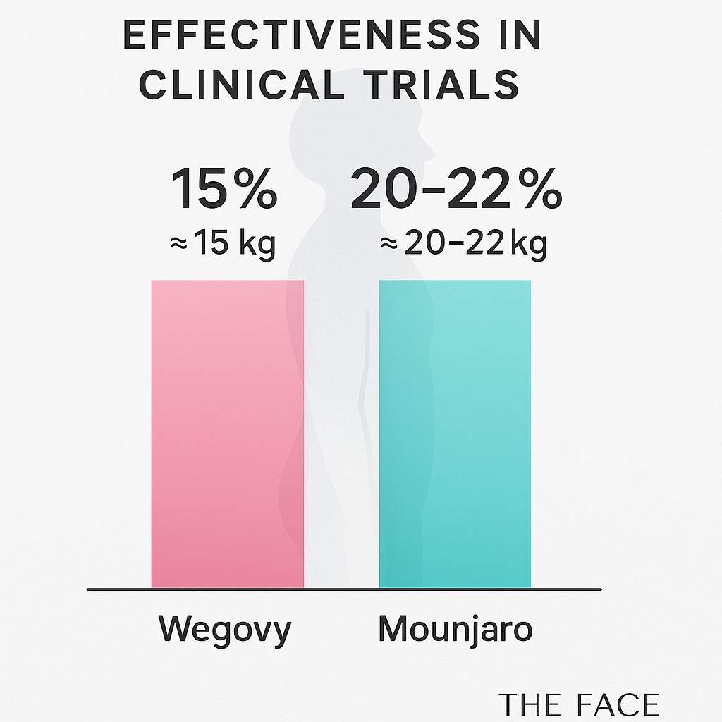 Effectiveness comparison chart of Wegovy vs Mounjaro clinical trials – Wegovy 15% ≈15 kg vs Mounjaro 20–22% ≈20–22 kg weight loss, with human silhouette overlay – The Face Clinic India