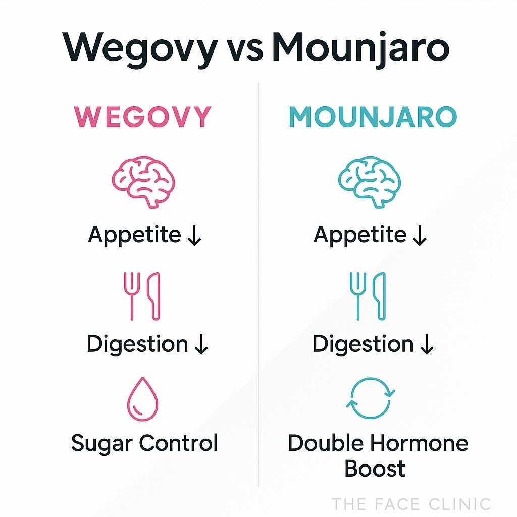 Comparison infographic Wegovy vs Mounjaro mechanism of action – Appetite, Digestion, Sugar Control, and Double Hormone Boost explained by The Face Clinic India