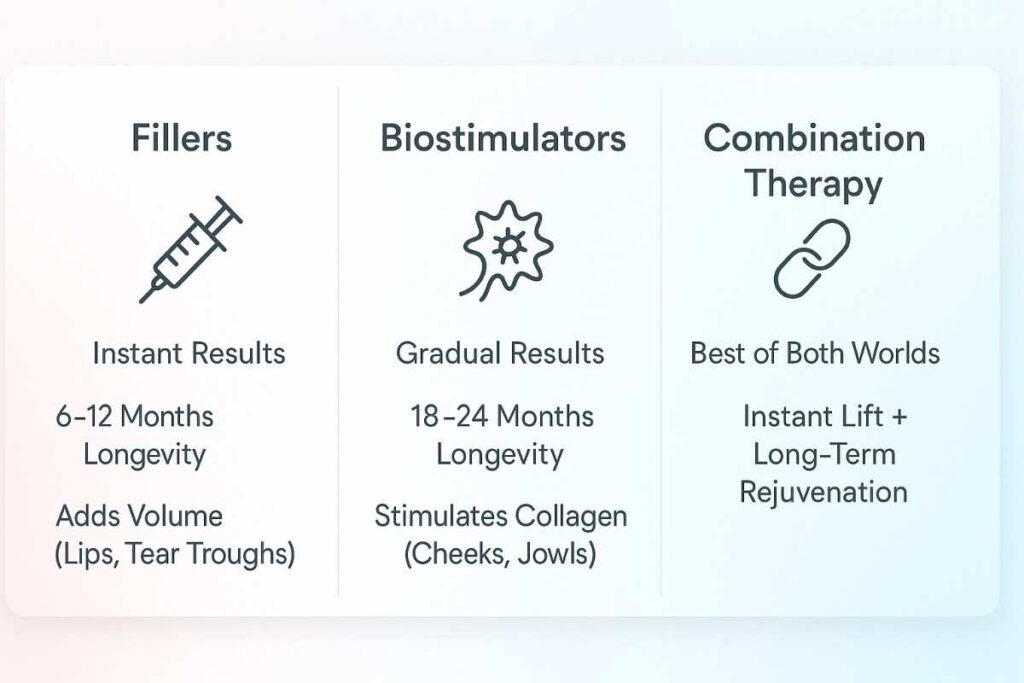 Dermal fillers vs biostimulators vs combination therapy infographic for face rejuvenation in Delhi