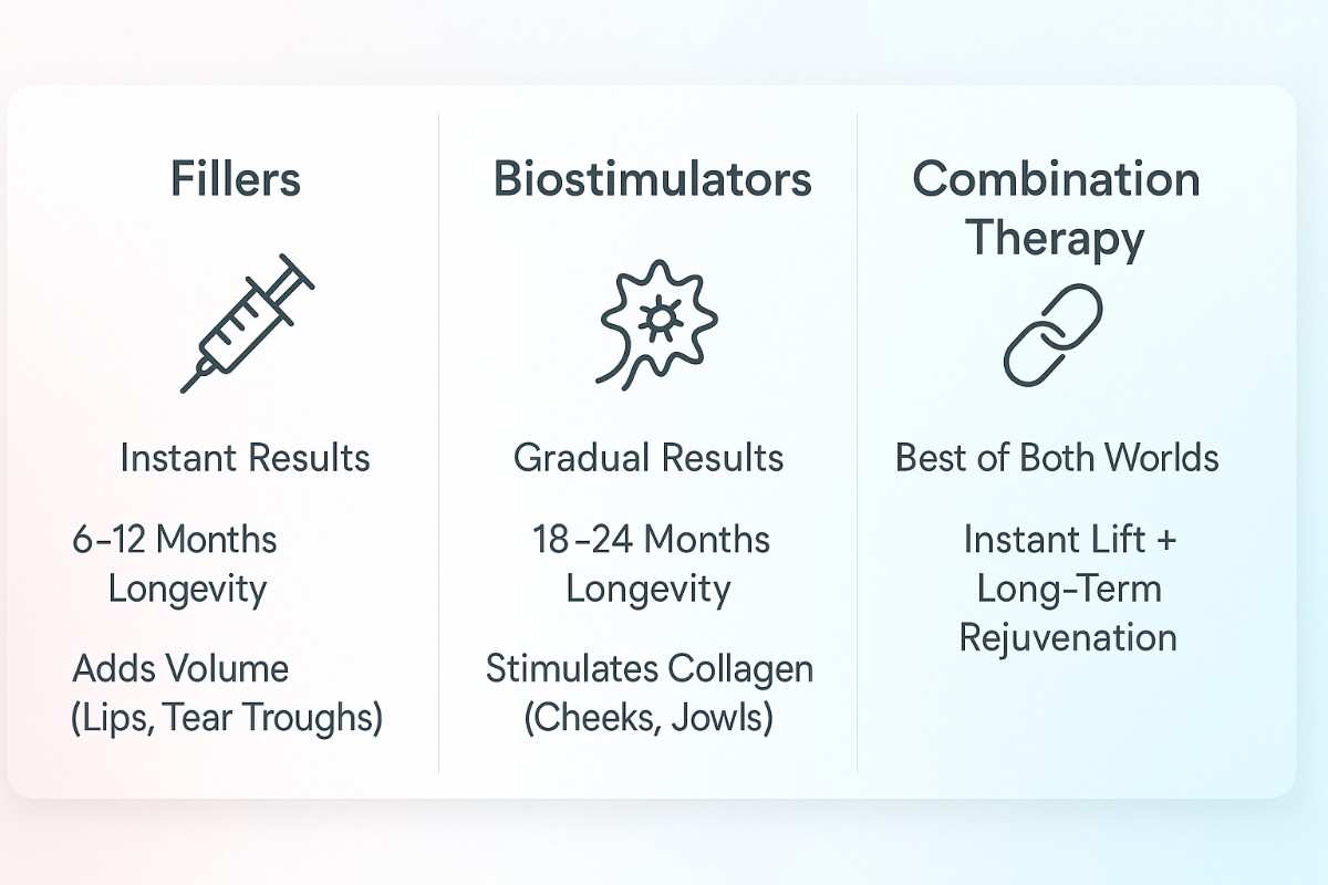 Dermal fillers vs biostimulators vs combination therapy infographic for face rejuvenation in Delhi