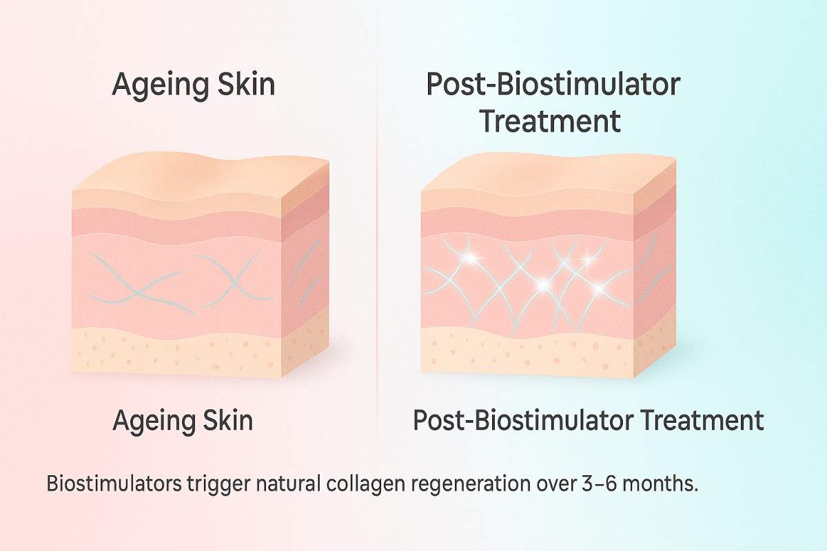 Collagen stimulation science diagram showing before and after effects of biostimulators for face and jowls in Delhi