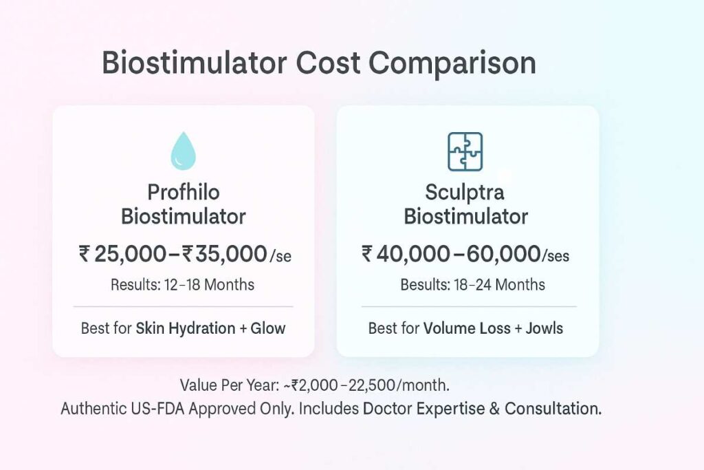 Profhilo vs Sculptra biostimulators cost comparison in Delhi India with longevity and value per year