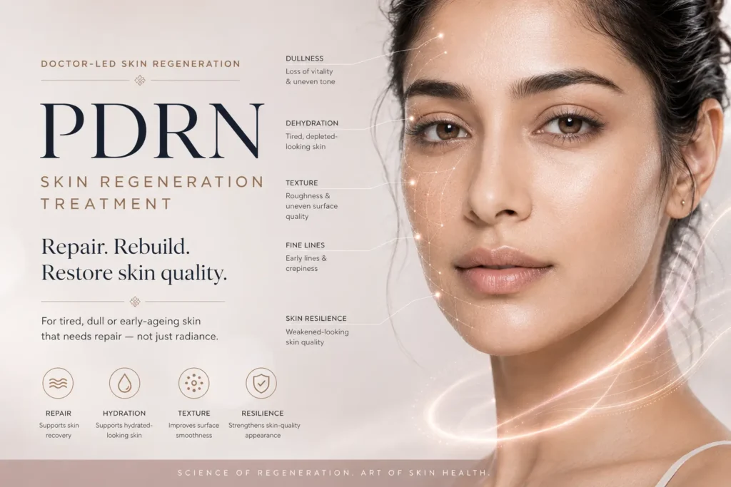 PDRN skin regeneration treatment visual showing an Indian woman with a soft skin repair blueprint overlay highlighting dullness, dehydration, texture, fine lines and skin resilience.