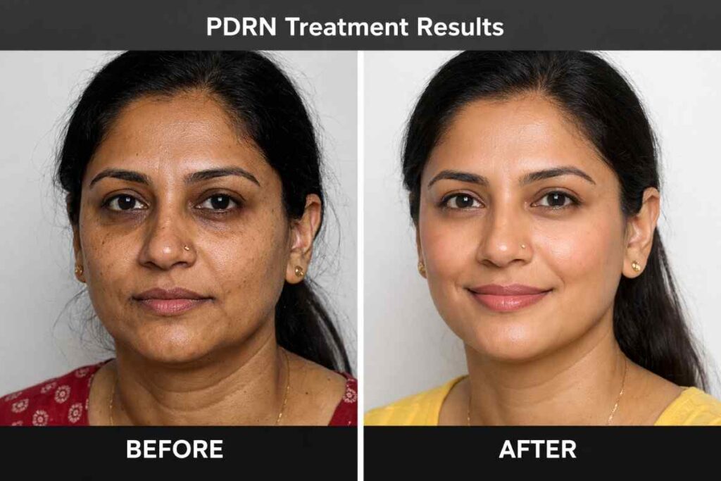 PDRN skin rejuvenation treatment results showing improved texture, brighter complexion, reduced pigmentation and smoother youthful appearance