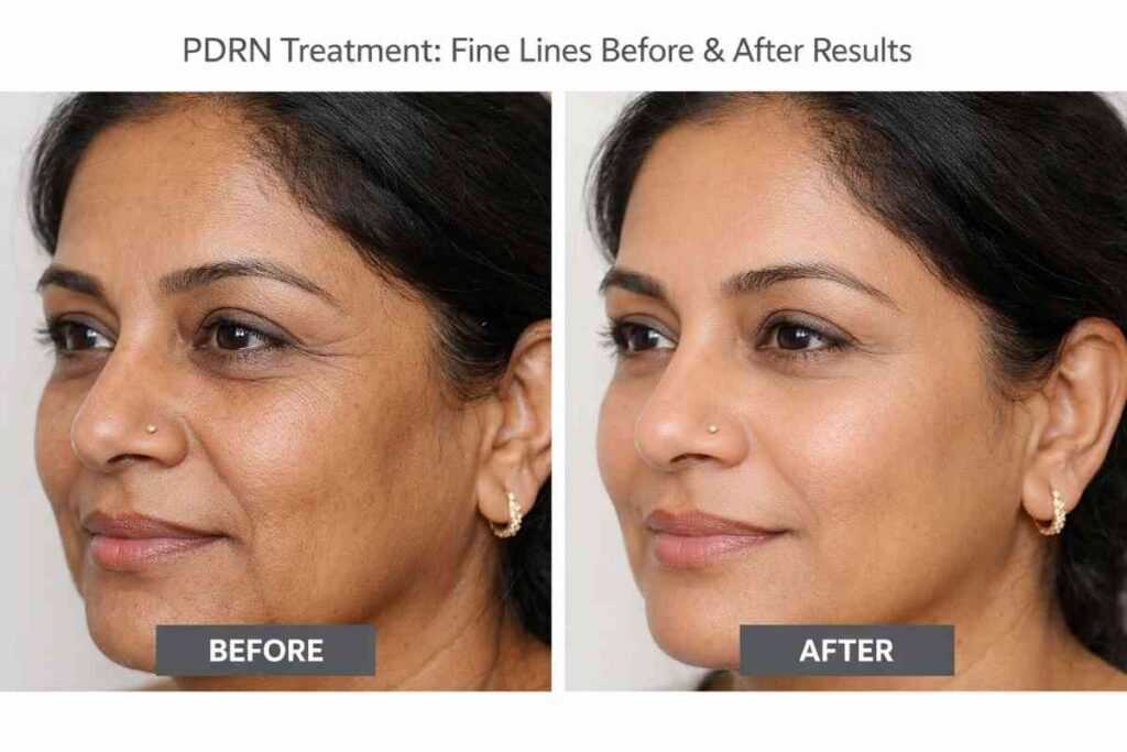 Indian woman fine lines reduction before and after PDRN Skin treatment with smoother, brighter, youthful skin results