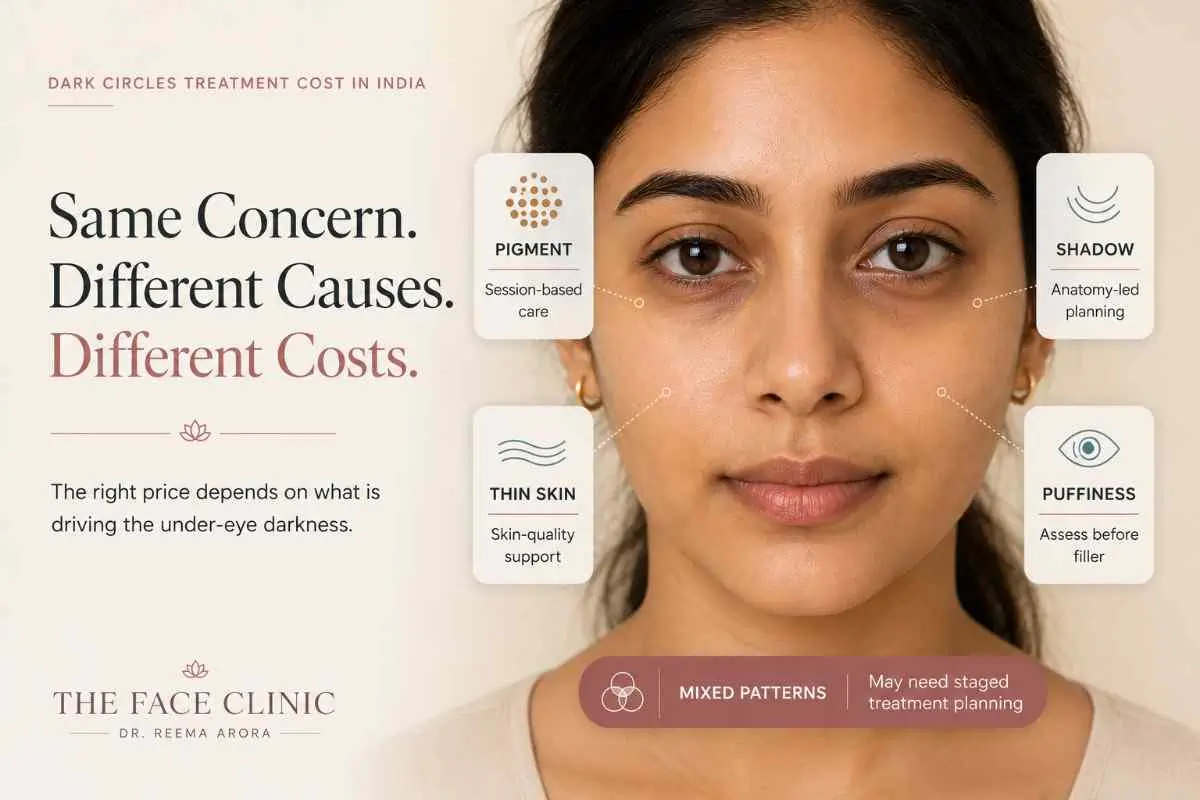 Hero visual explaining how dark circles treatment cost in India varies by pigment, shadow, thin under-eye skin, puffiness and mixed under-eye patterns.